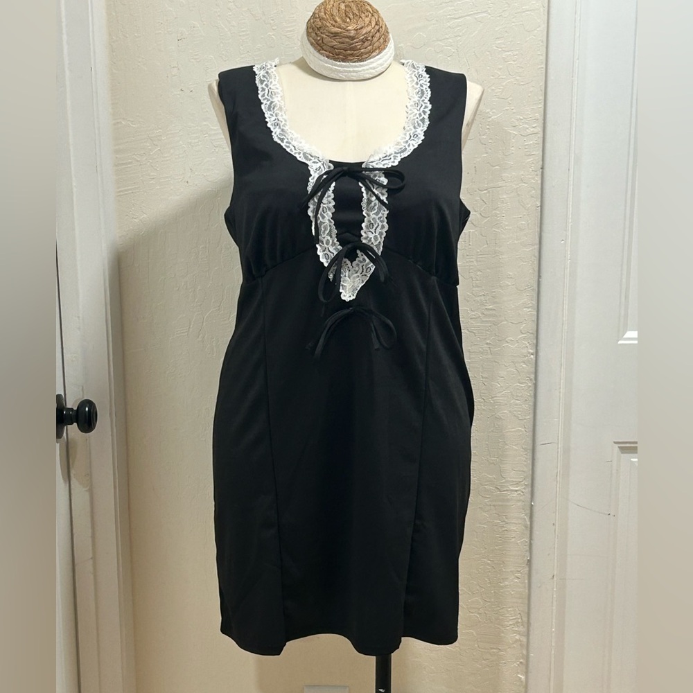Black Lace-Trim Mini Dress with Ribbon Tie
